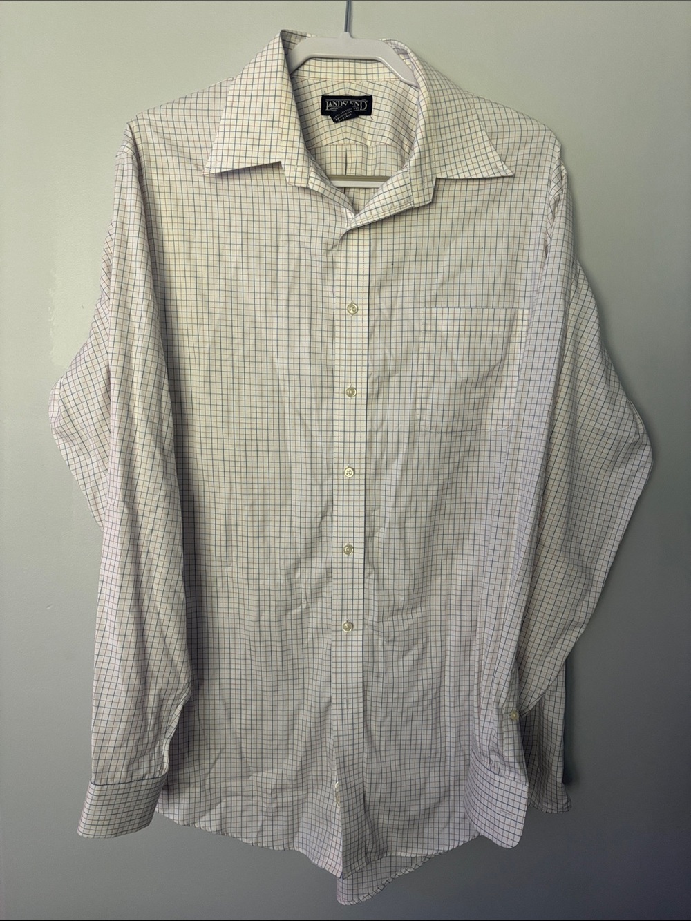 Lands' End Men's White Dress Shirt with Blue and Pink Check